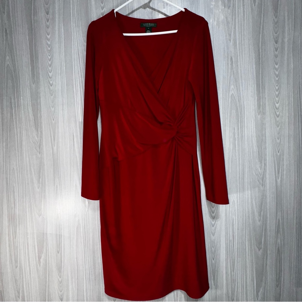 Vtg Lauren Ralph Lauren Red Long Sleeve Bodycon Midi Wrap Dress Sz 8 Christmas